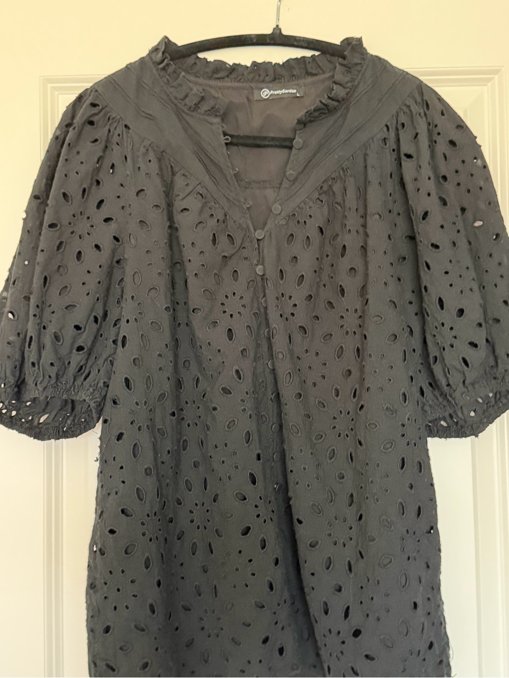 Eyelet Ruffle-Neck Puff Sleeve Blouse — Charcoal